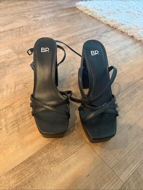 bp Black Strappy Square-Toe Block Heel Sandals